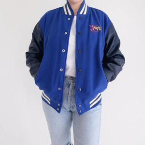 Vintage Varsity Navy Spirit Cheer 15% Wool Button Down Varsity Bomber Jacket S